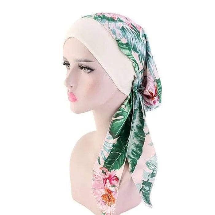 Foulard Turban Beige Motif Fleuri
