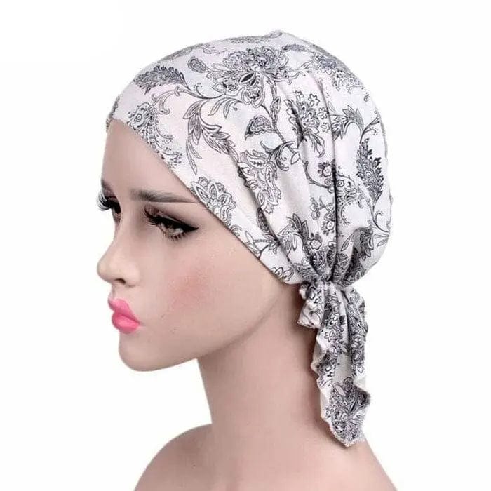 Foulard Turban Blanc Motif Fleuri