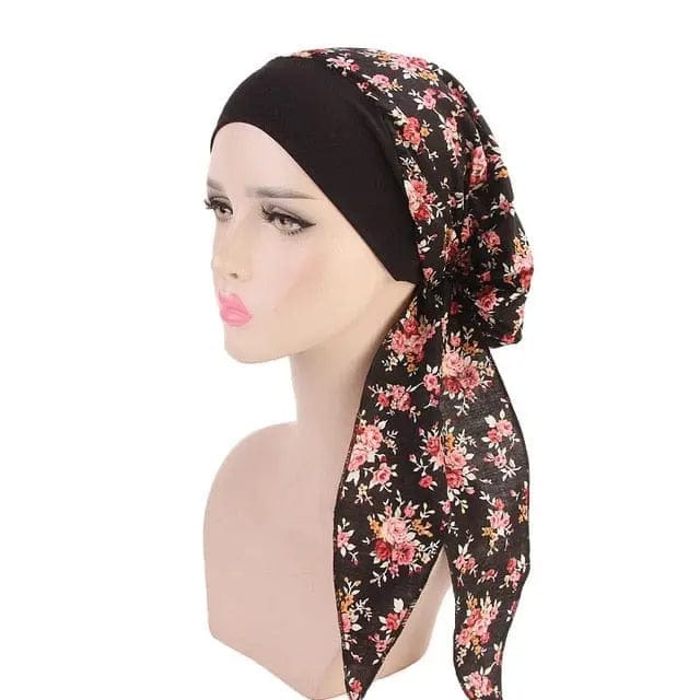 Foulard Turban Coton Couleur Noir Et Motif Fleuri