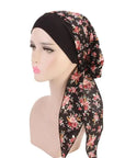 Foulard Turban Coton Couleur Noir Et Motif Fleuri