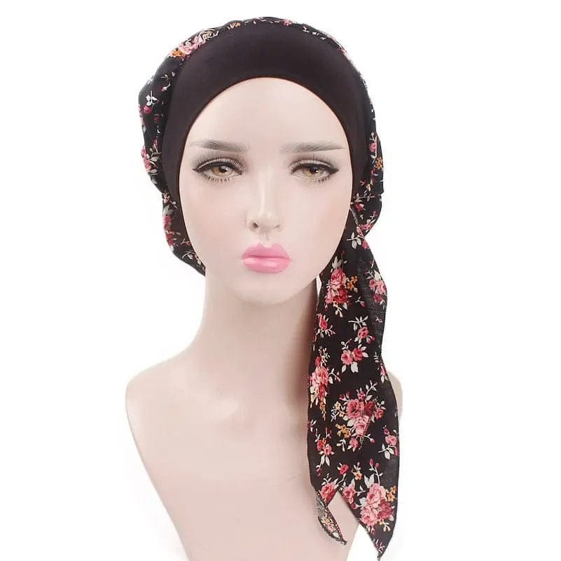 Foulard Turban Coton Couleur Noir Et Motif Fleuri