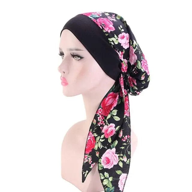 Foulard Turban Coton Motif Fleurs Roses