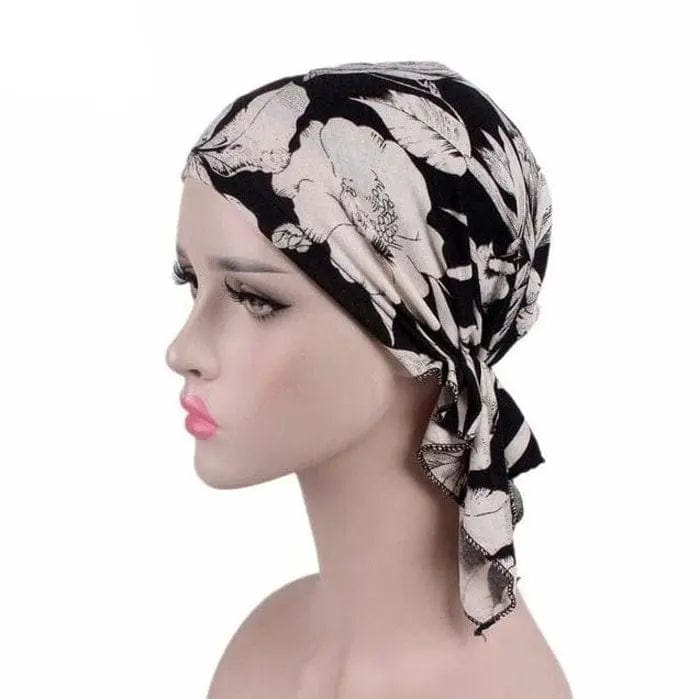 Foulard Turban Noir Et Fleurs Blanches