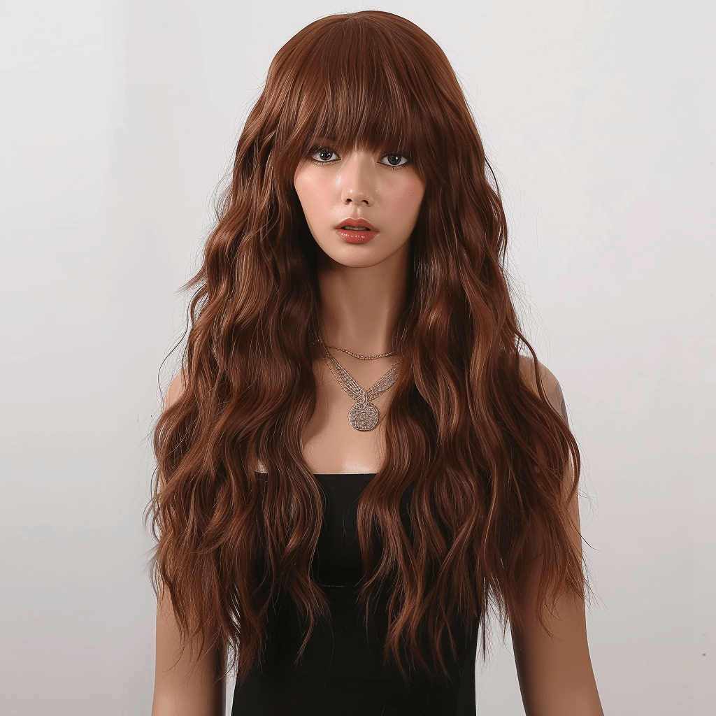 Perruque brune longue shop bouclé