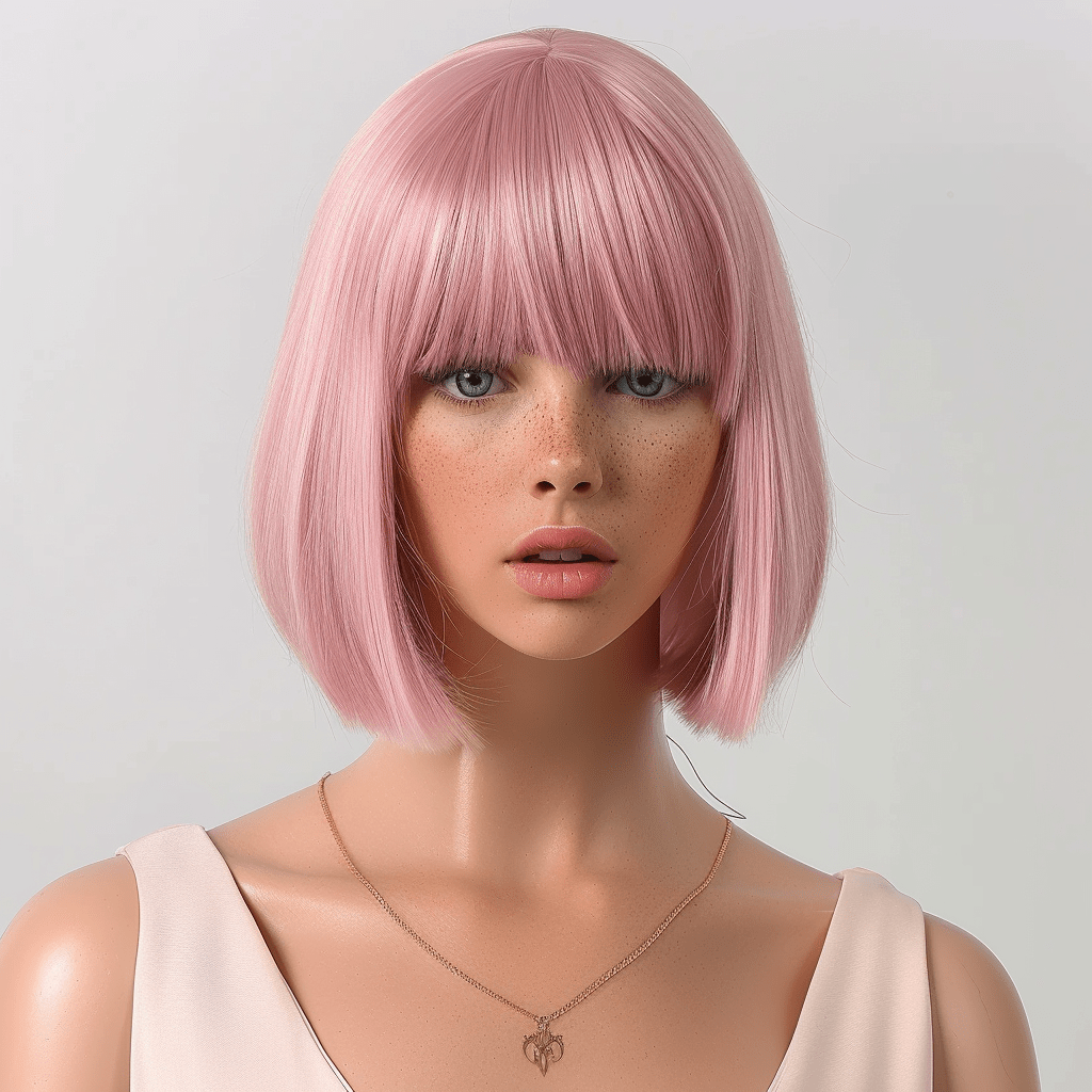 Perruque Synthétique Rose A Frange Courte - Wilhelmine