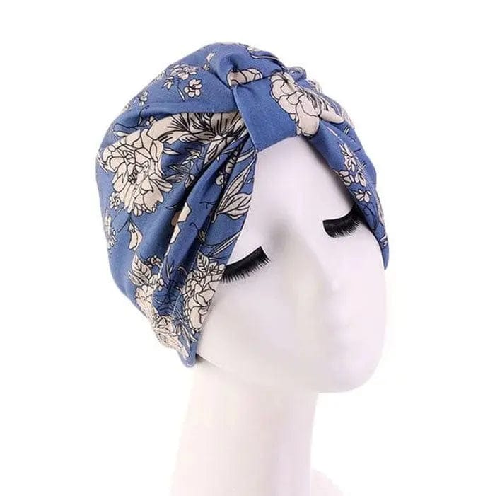 Turban Bleu Motif Fleur Beige