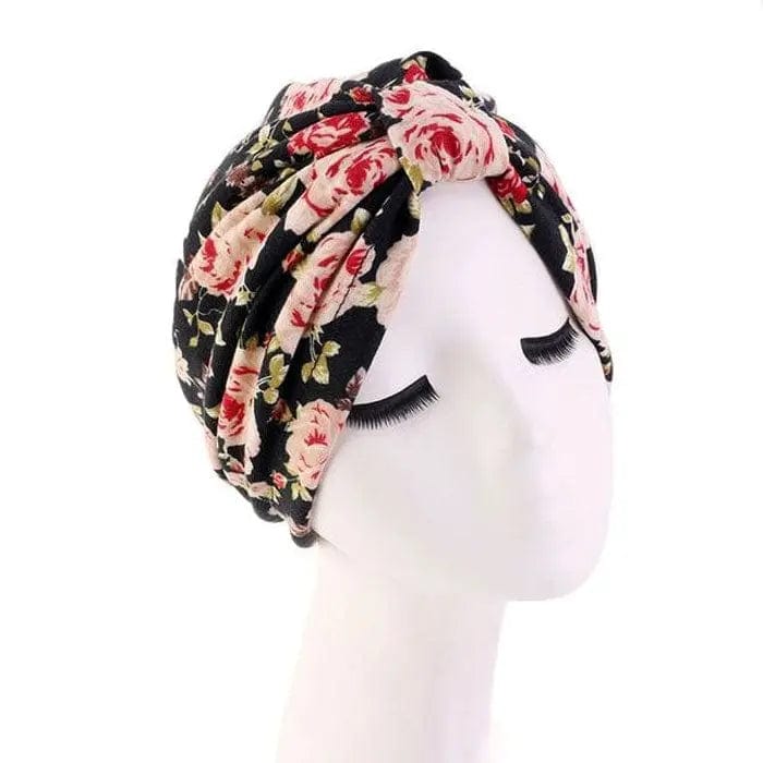 Turban Noir Motif Fleuri Rose
