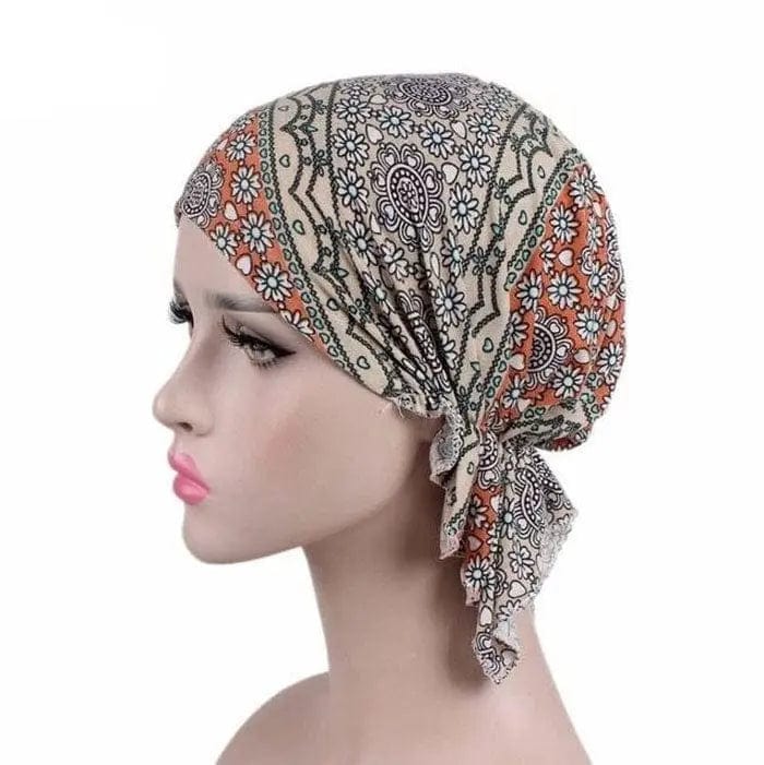 Foulard Turban Orange Et Beige - Perruque Femme