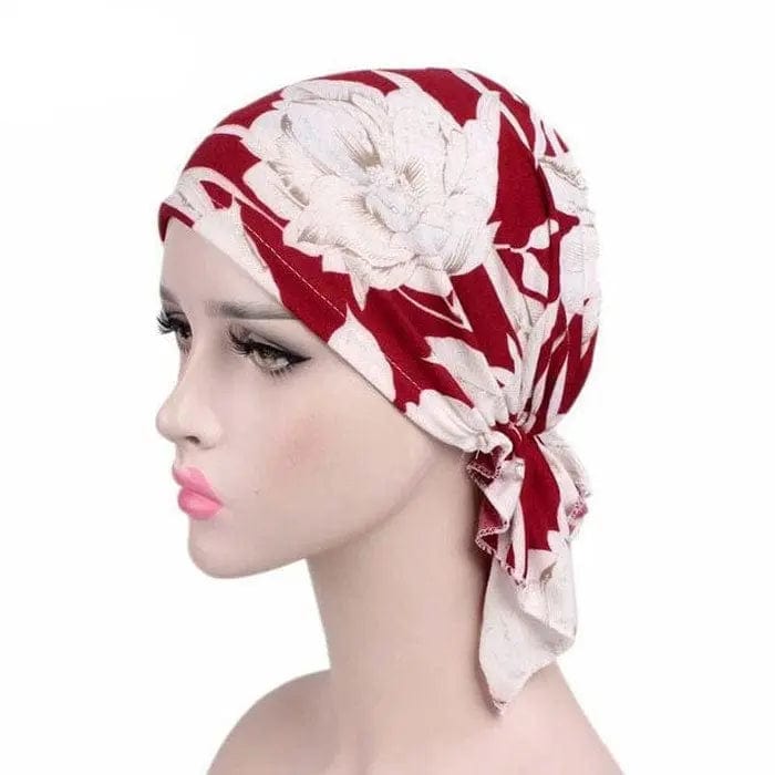 Foulard Turban Rouge Et Fleurs Blanches - Perruque Femme