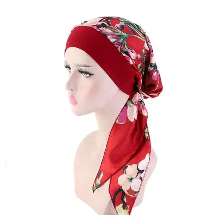 Foulard Turban Rouge Motif à Fleur - Perruque Femme