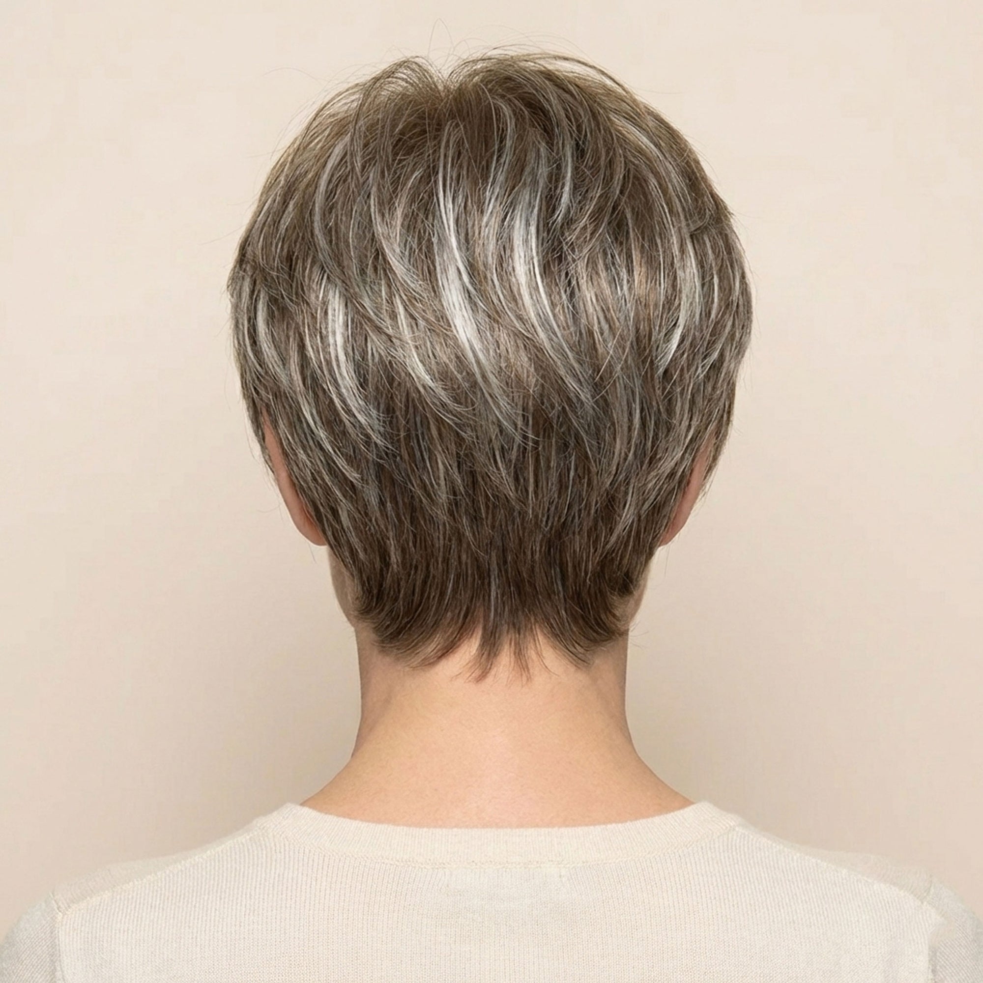 Perruque Synthétique Brune Mèches Grise Courte - Samantha - dos