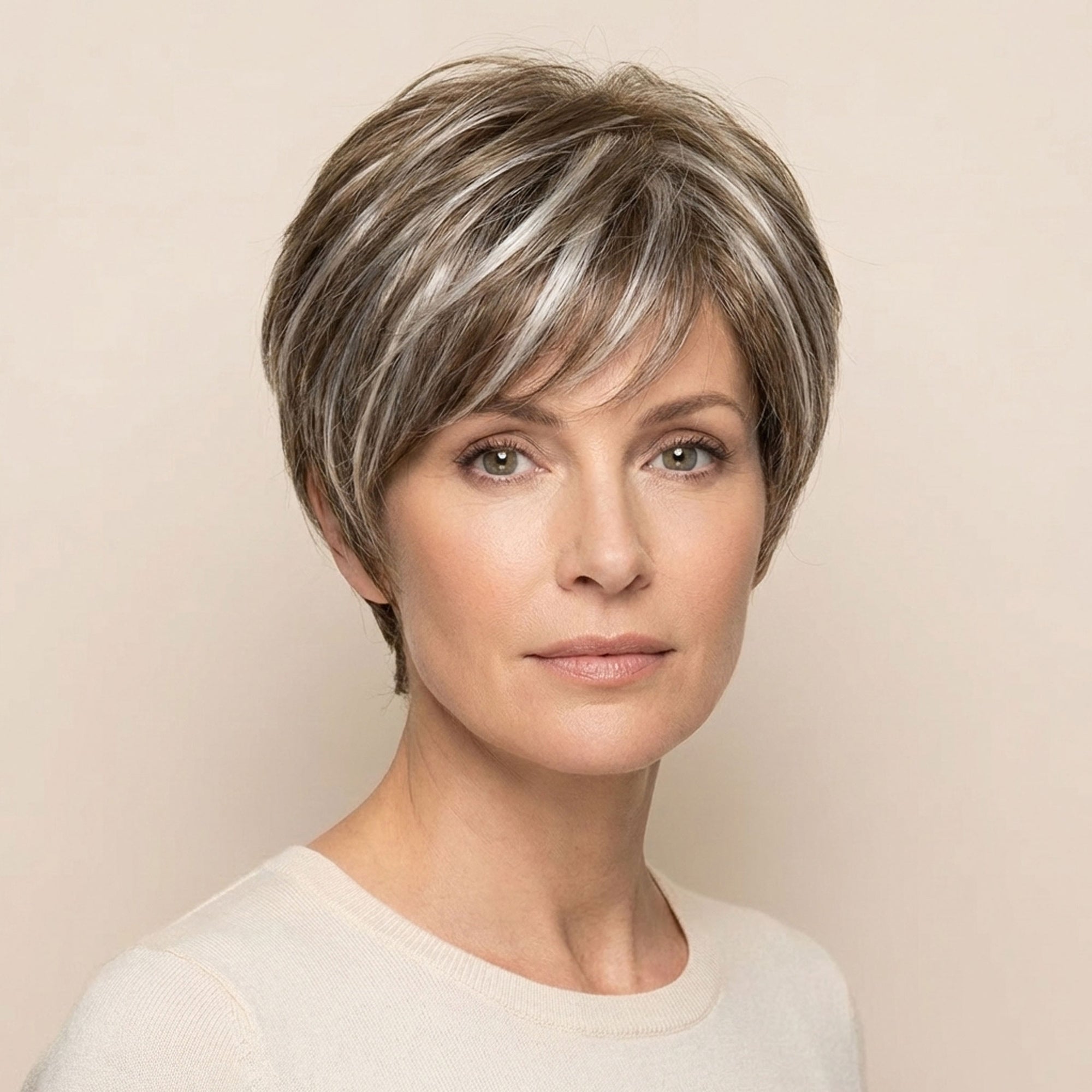 Perruque Synthétique Brune Mèches Grise Courte - Samantha