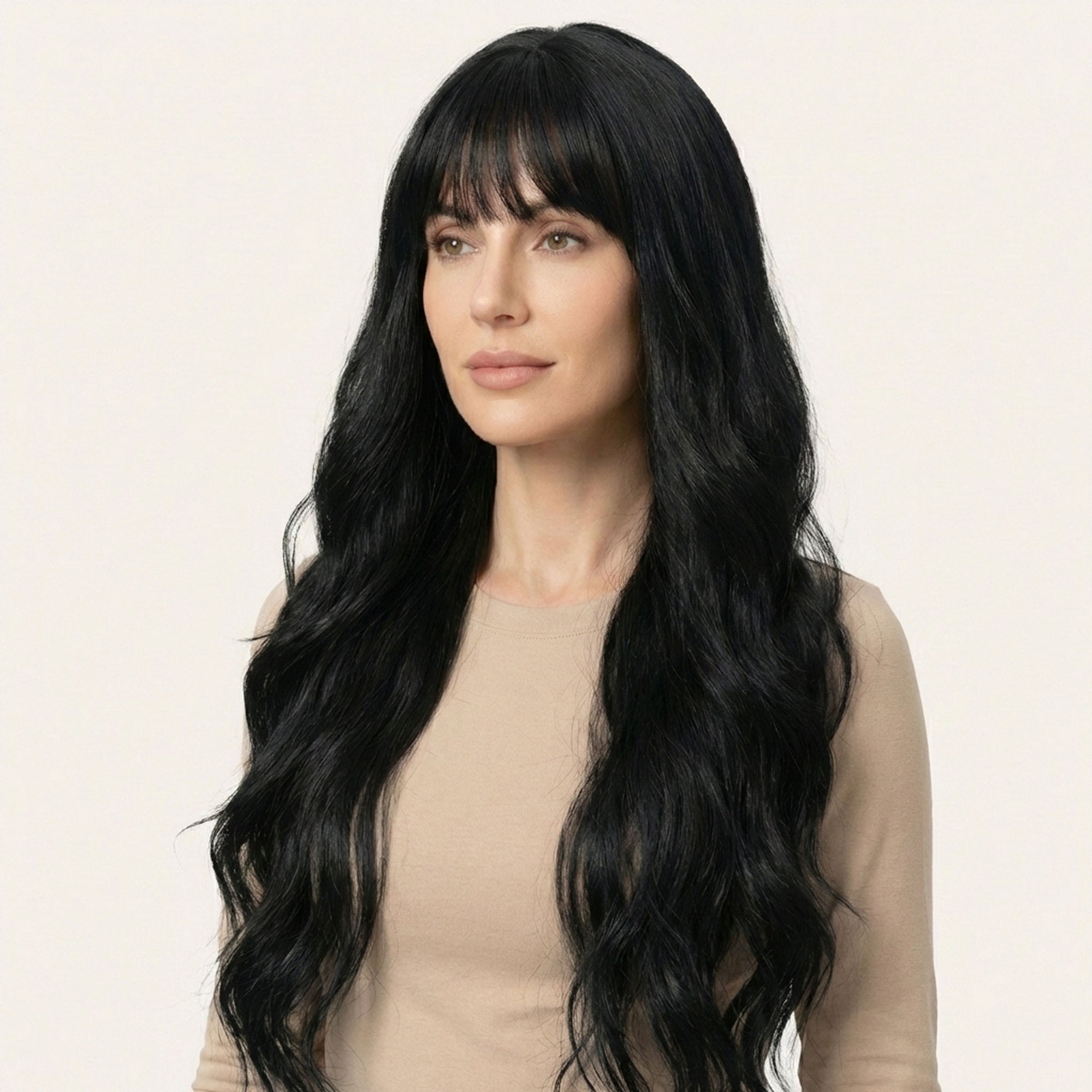 Perruque Synthétique Noire Bouclée A Frange Longue - Pauline