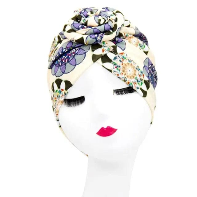 Turban Coton Beige & Bleu - Perruque Femme