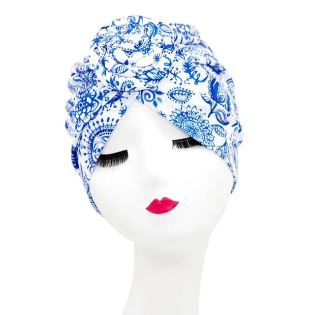 Turban Coton Bleu Fleuri - Perruque Femme