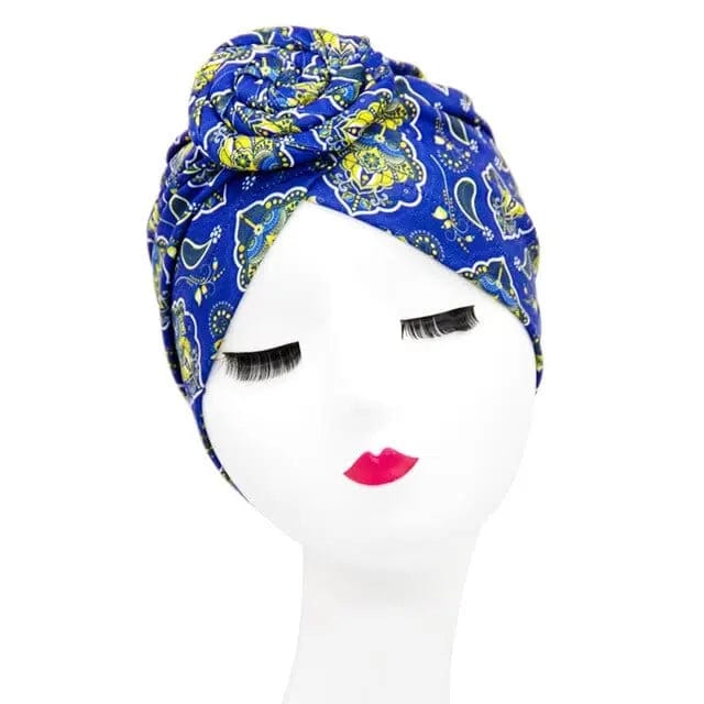 Turban Coton Bleu et Or - Perruque Femme
