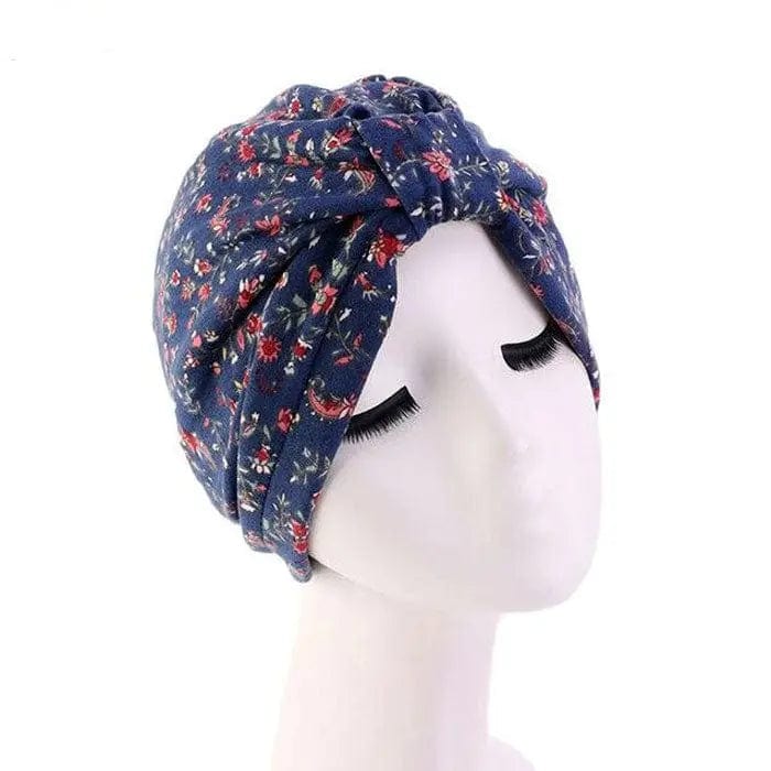 Turban Couleur Bleu Motifs à fleurs - Perruque Femme