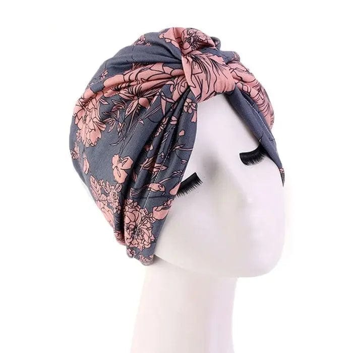 Turban Gris Fleurs roses - Perruque Femme