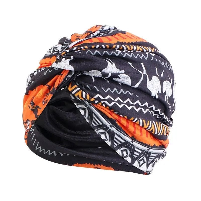 Turban Nœud Orange Et Noir - Perruque Femme