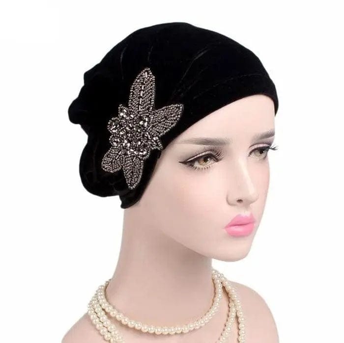 Turban Noir Et Perles - Perruque Femme
